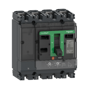 قاطع ComPacT NSX100B، تيار قطع 25 كA عند 415VAC، 4 أقطاب 3D (نيوترال غير محمي)، وحدة حماية TMD بقدرة 80 أمبير.